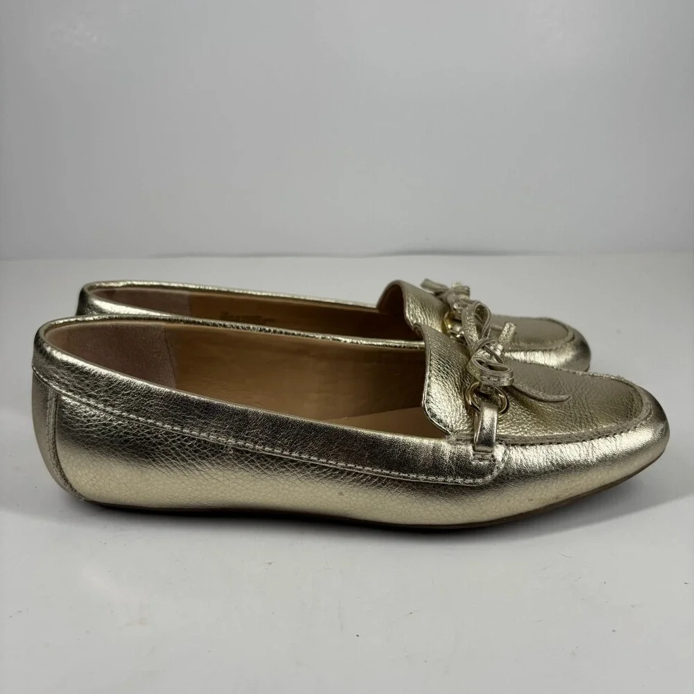 Talbots Women's US 7M Metallic Gold Leather Bow Tie Slip-On Loafers‎ Flats Shoes